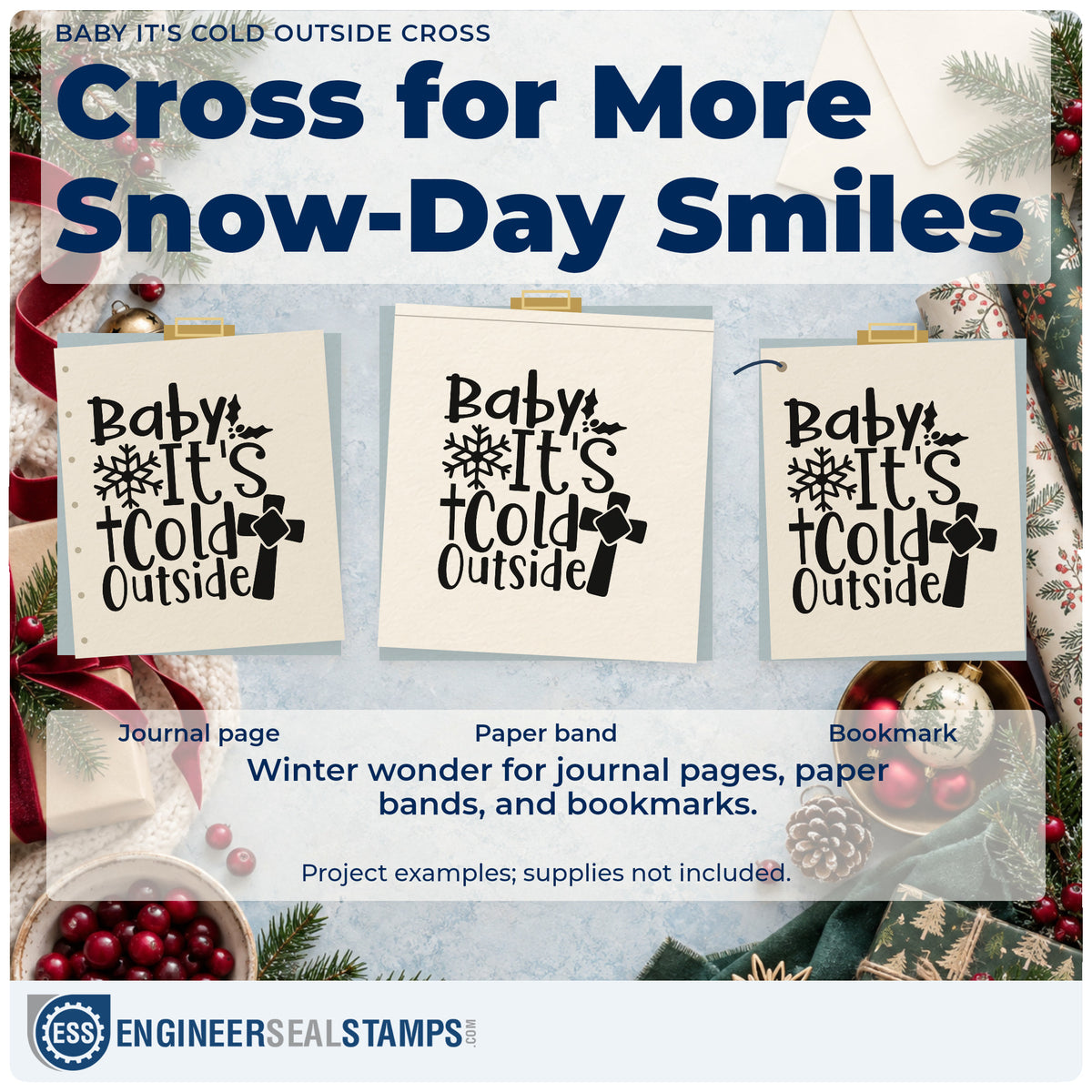 Three project examples made with the Baby It's Cold Outside Cross Stamp – Slim Pre-Inked, including shelter shift sheet.