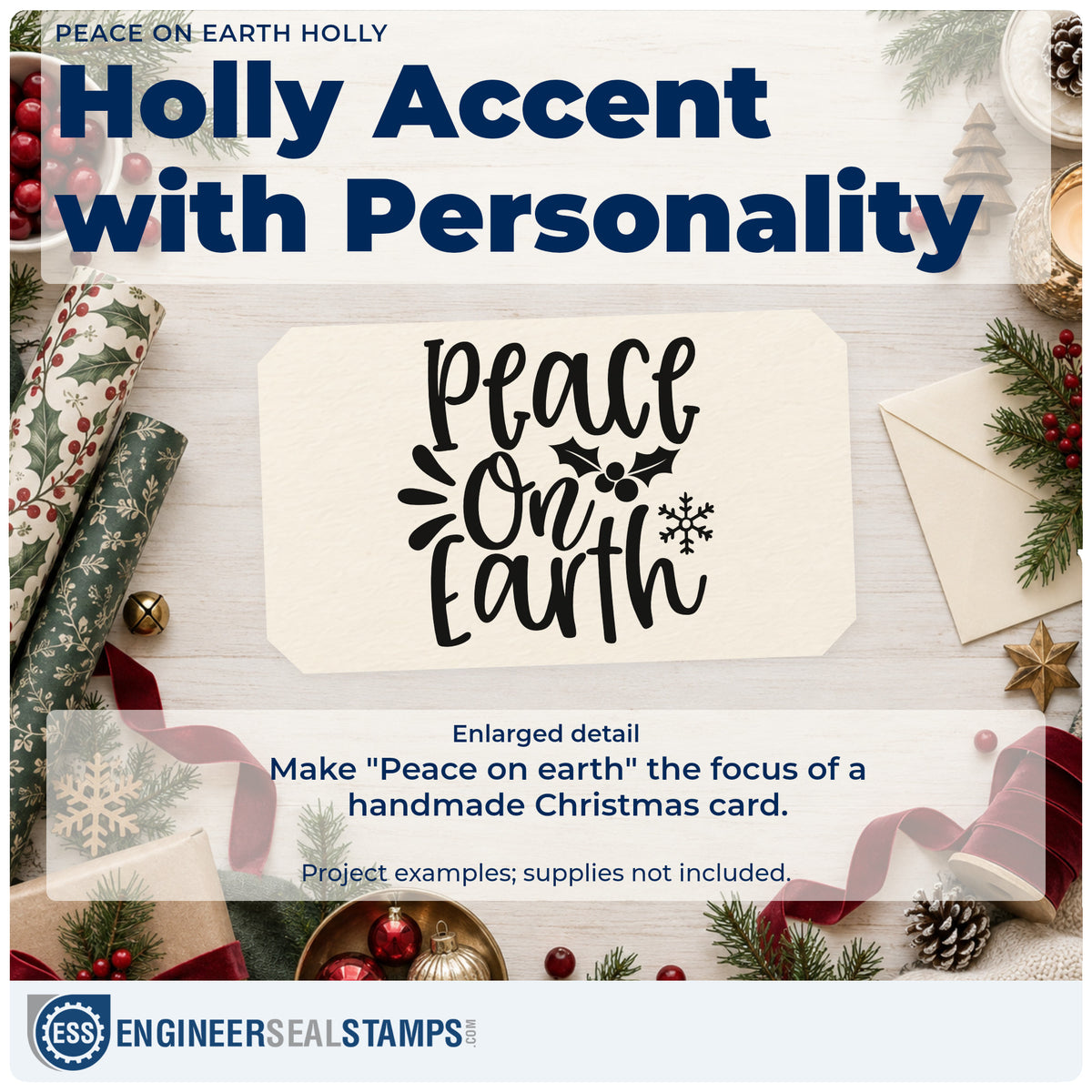 Enlarged detail of the Peace On Earth Holly Snowflakes Slim Pre-Inked Stamp imprint. The words "Peace on earth" appear with holly, a snowflake, and decorative strokes.
