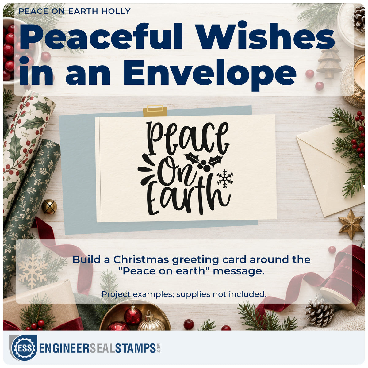 A finished handmade project stamped with the Peace On Earth Holly Snowflakes Premium Wooden Stamp – Vintage Pro, ideal for flake cards.