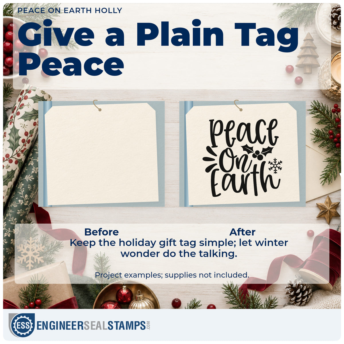 Before and after of a plain item finished with the Peace On Earth Holly Snowflakes Self-Inking Stamp, a quick upgrade for napkin hem printing.
