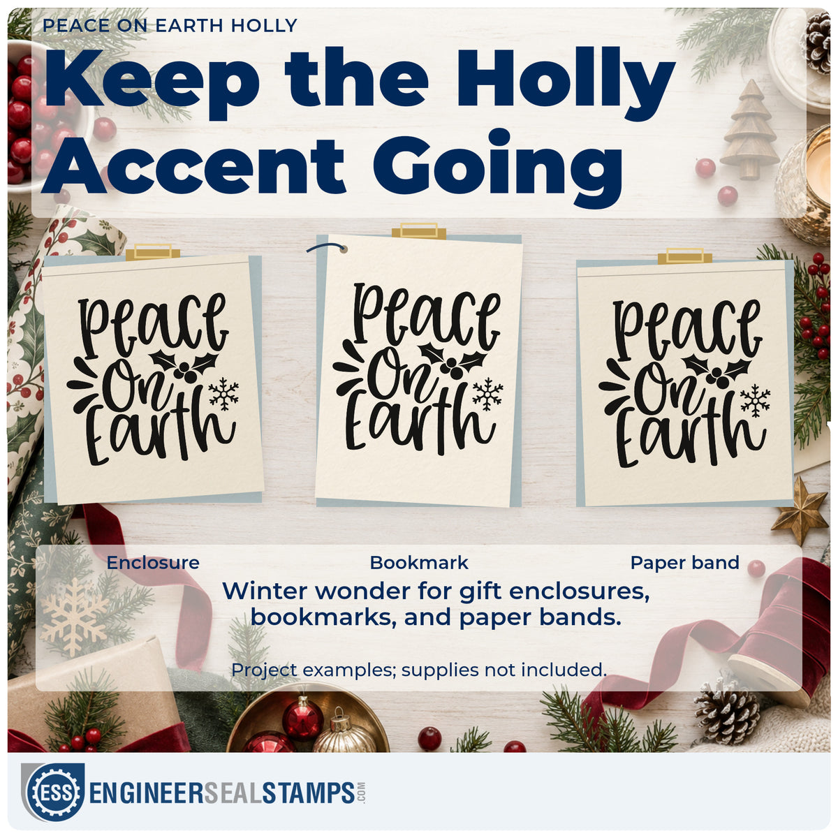 Three project examples made with the Peace On Earth Holly Snowflakes Premium Wooden Stamp – Vintage Pro, including plain gift tags.
