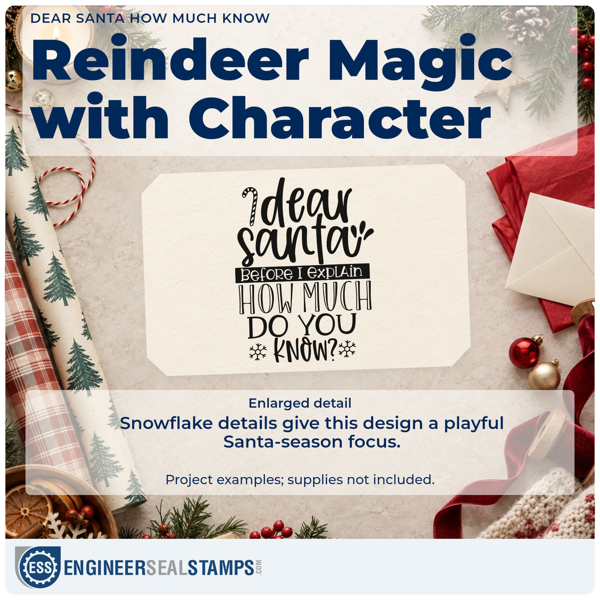 Enlarged detail of the Dear Santa Before I Explain How Much Do You Know? Craft Stamp – Self-Inking imprint. The phrase "Dear Santa before I explain how much do you know?" ends with two snowflakes.