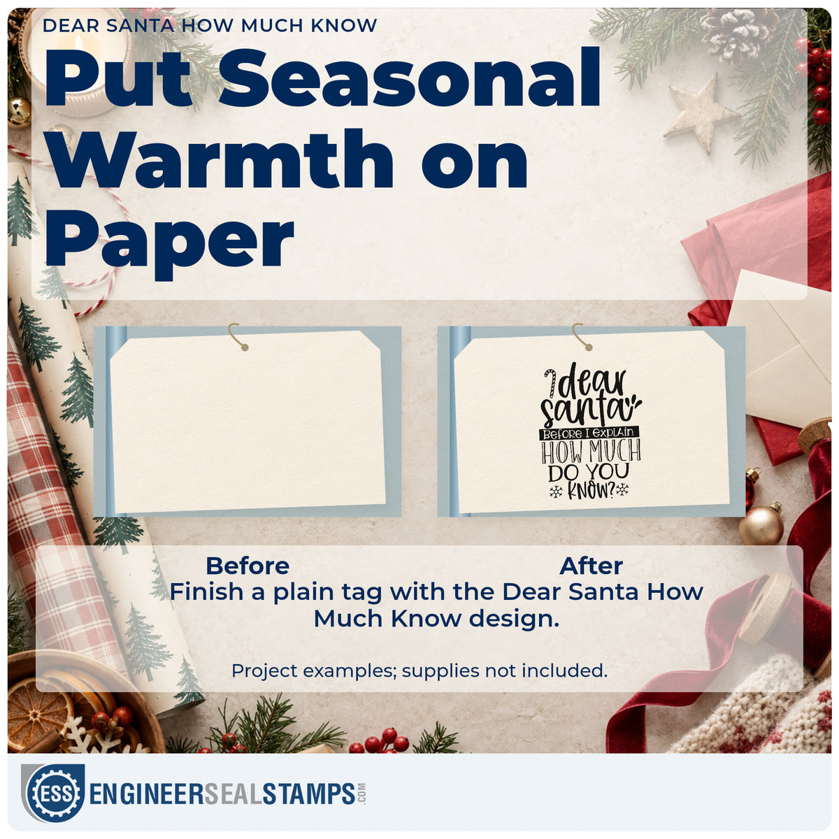 Before and after of a plain item finished with the Pre-Inked Dear Santa Before I Explain How Much Do You Know? Stamp – PSI, a quick upgrade for framed cubicle shelf.