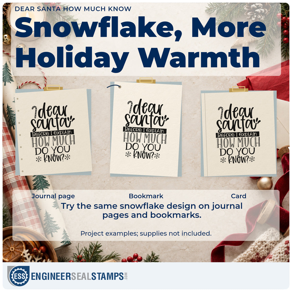 Three project examples made with the Pre-Inked Dear Santa Before I Explain How Much Do You Know? Stamp – PSI, including draw name sheet.
