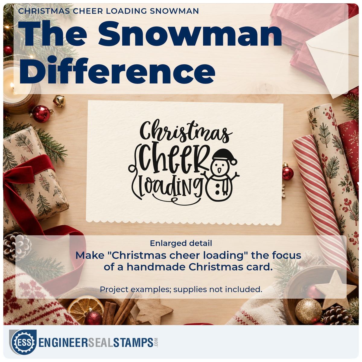 Enlarged detail of the Christmas Cheer Loading Snowman Hat Rubber Stamp – Duo Hand imprint. The words "Christmas cheer loading" appear beside a snowman wearing a Santa hat.
