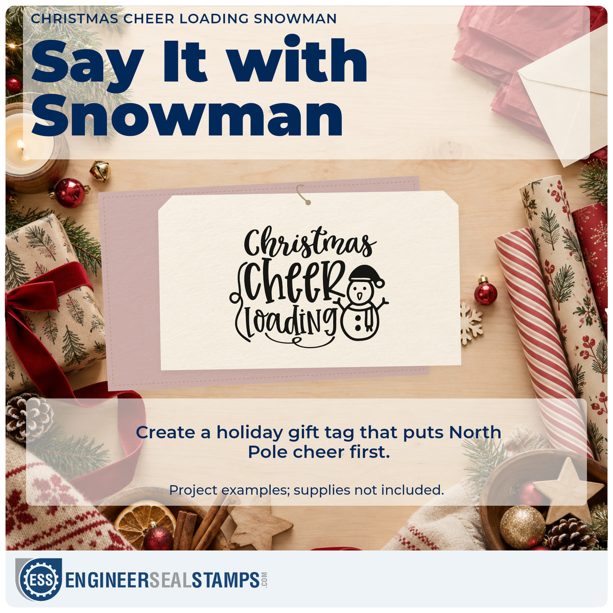 A finished handmade project stamped with the Christmas Cheer Loading Snowman Hat PSI Pre-Inked Stamp, ideal for build day album page.