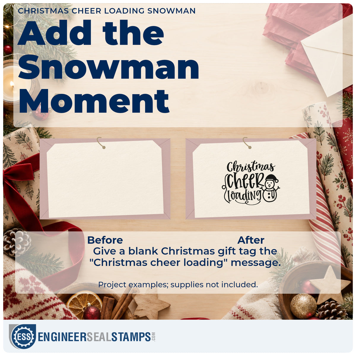 Before and after of a plain item finished with the Christmas Cheer Loading Snowman Hat Rubber Stamp – Duo Hand, a quick upgrade for framed play room.