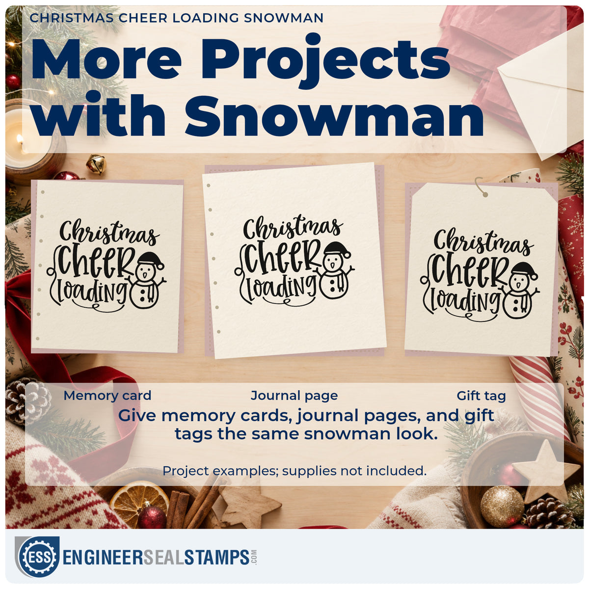 Three project examples made with the Christmas Cheer Loading Snowman Hat Stamp – Premium Vintage Pro Wooden, including progress fill sheet.