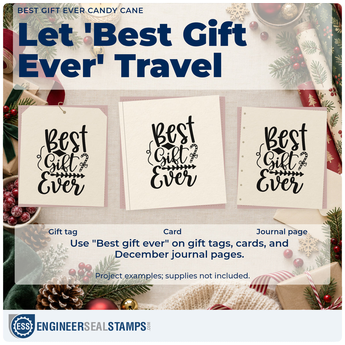Three project examples made with the Best Gift Ever Candy Cane Stamp – Self-Inking, including ranking list sheet.