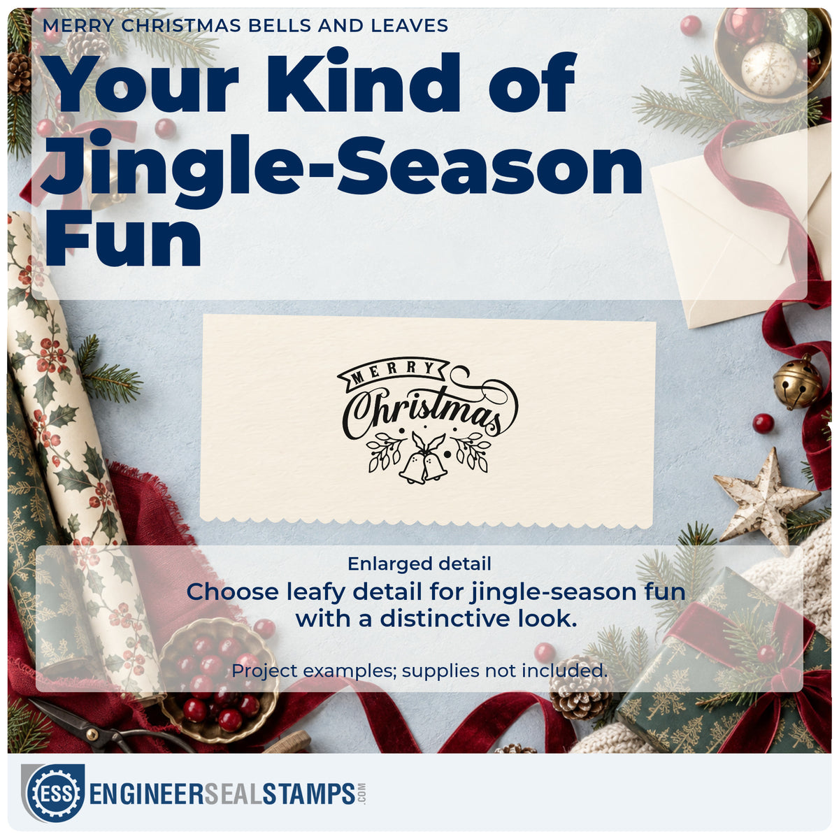 Enlarged detail of the Merry Christmas Bells And Leaves Botanical Sprig Rubber Stamp – Duo Hand imprint. The greeting "Merry Christmas" appears with a small banner, sweeping flourishes, bells, and leafy sprigs.