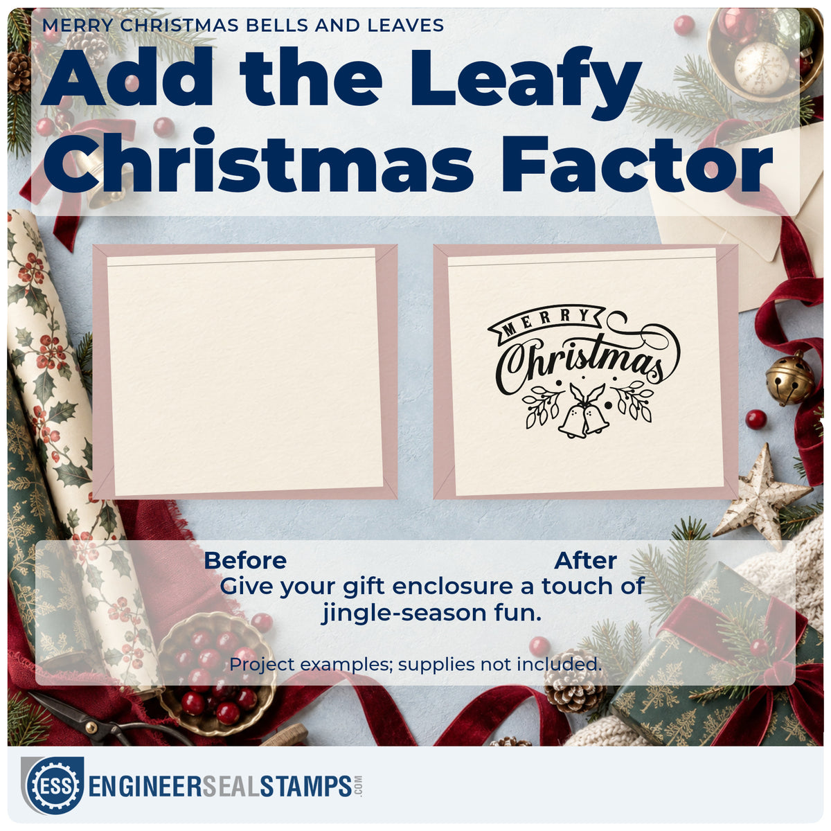 Before and after of a plain item finished with the Merry Christmas Bells And Leaves Botanical Sprig Self-Inking Craft Stamp, a quick upgrade for sash length printing.