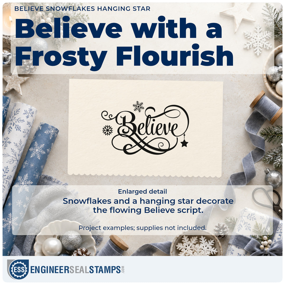 Enlarged detail of the Believe Snowflakes Hanging Star Script Lettering Stamp – Duo Hand imprint. The script word "Believe" is decorated with sweeping flourishes, snowflakes, and a hanging star.