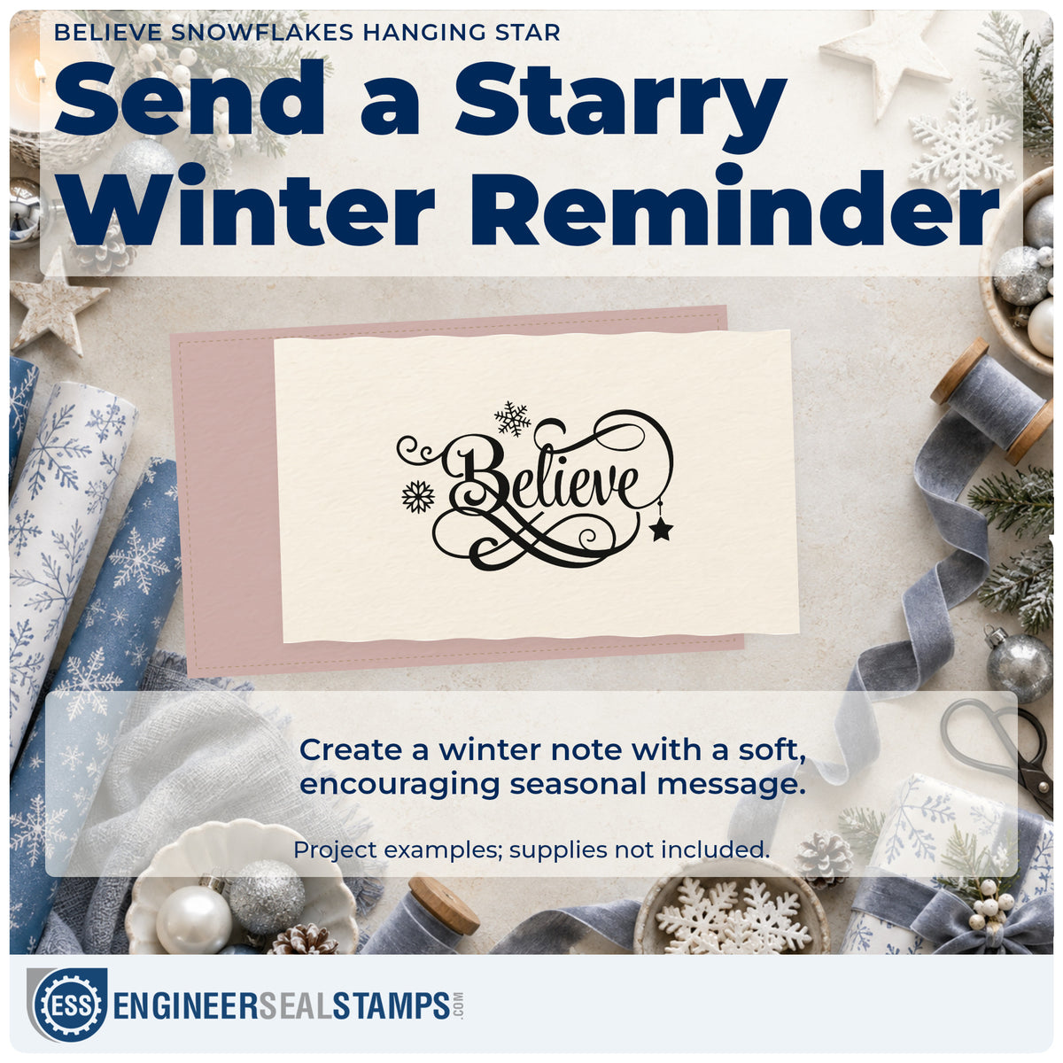 A finished handmade project stamped with the Believe Snowflakes Hanging Star Script Lettering Stamp – Duo Hand, ideal for paper craft album.
