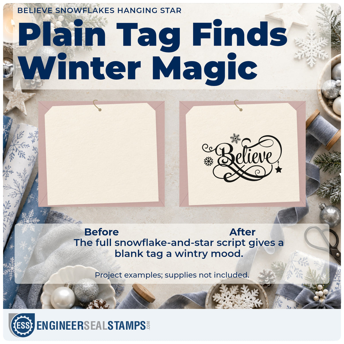 Before and after of a plain item finished with the Believe Snowflakes Hanging Star Script Lettering Rubber Stamp – Wood Handle, a quick upgrade for framed tall nook.