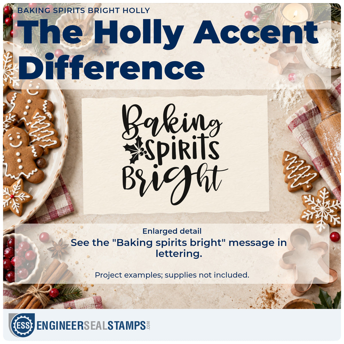 Enlarged detail of the Baking Spirits Bright Holly Rubber Stamp – Duo Hand imprint. The words "Baking spirits bright" appear with a holly sprig.