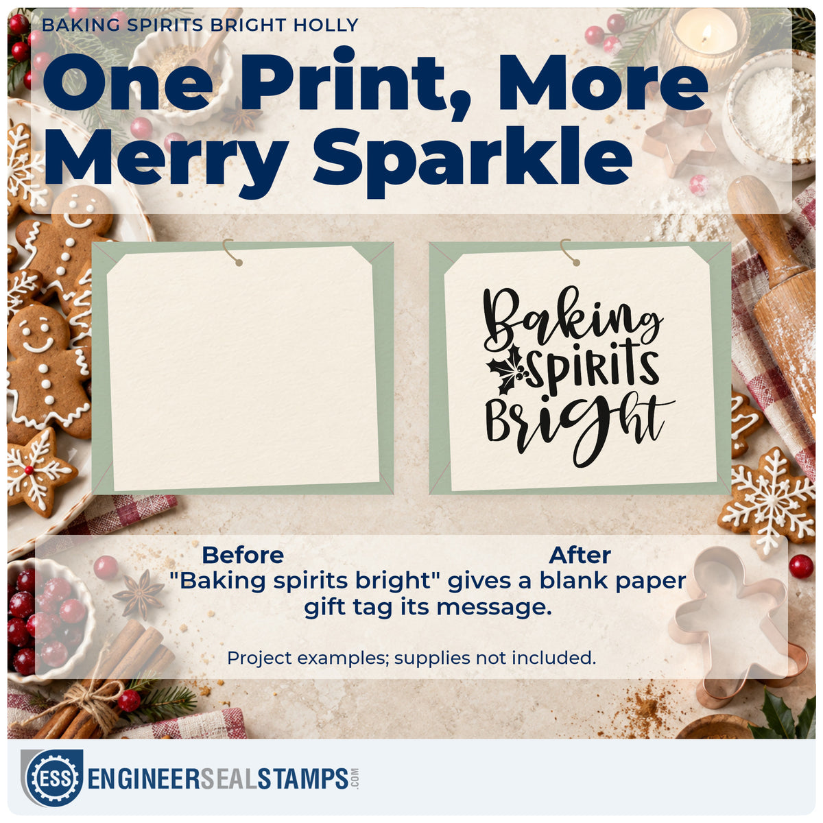 Before and after of a plain item finished with the Baking Spirits Bright Holly Rubber Stamp – Duo Hand, a quick upgrade for framed counter ledge.