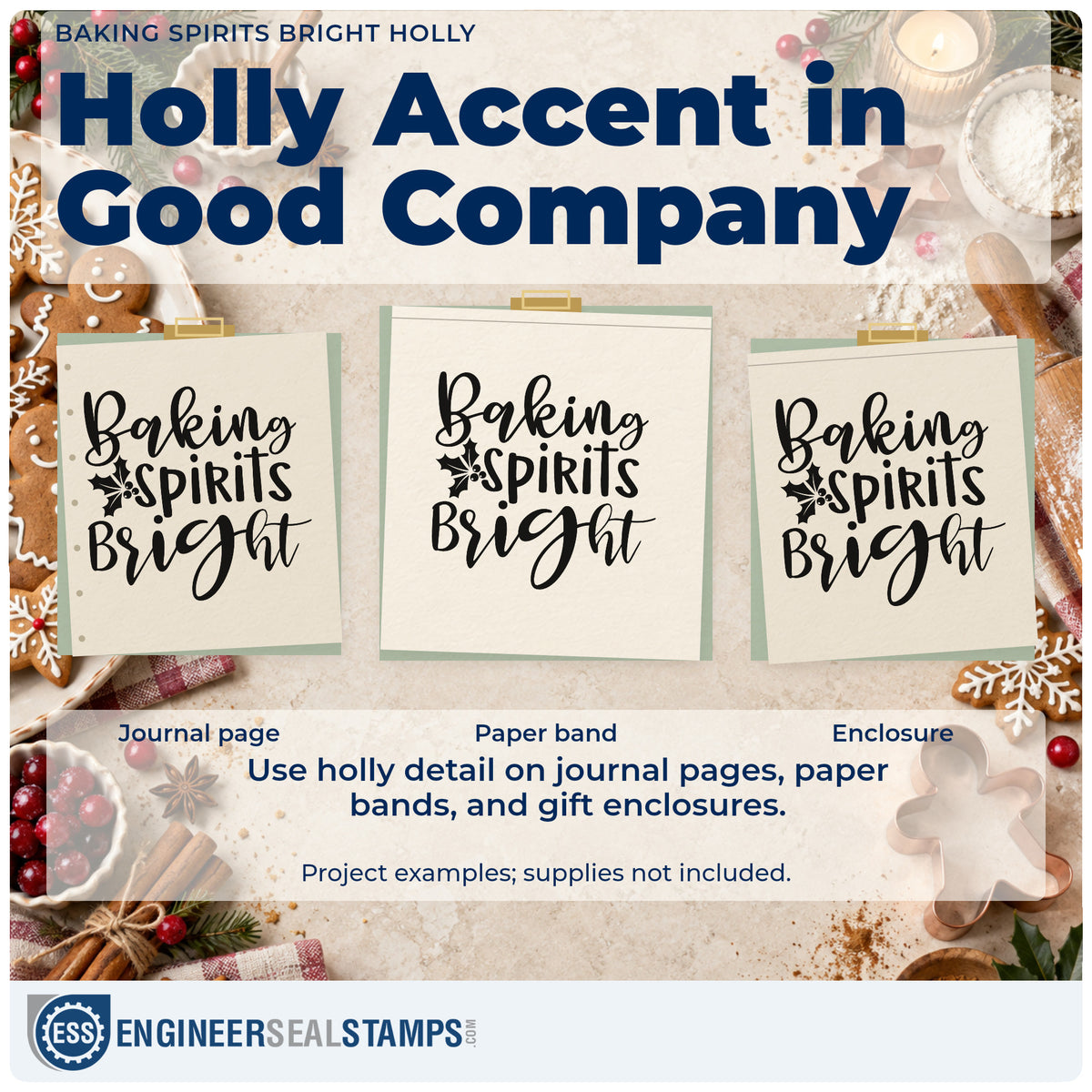 Three project examples made with the Baking Spirits Bright Holly Rubber Stamp – Duo Hand, including recipe index sheet.
