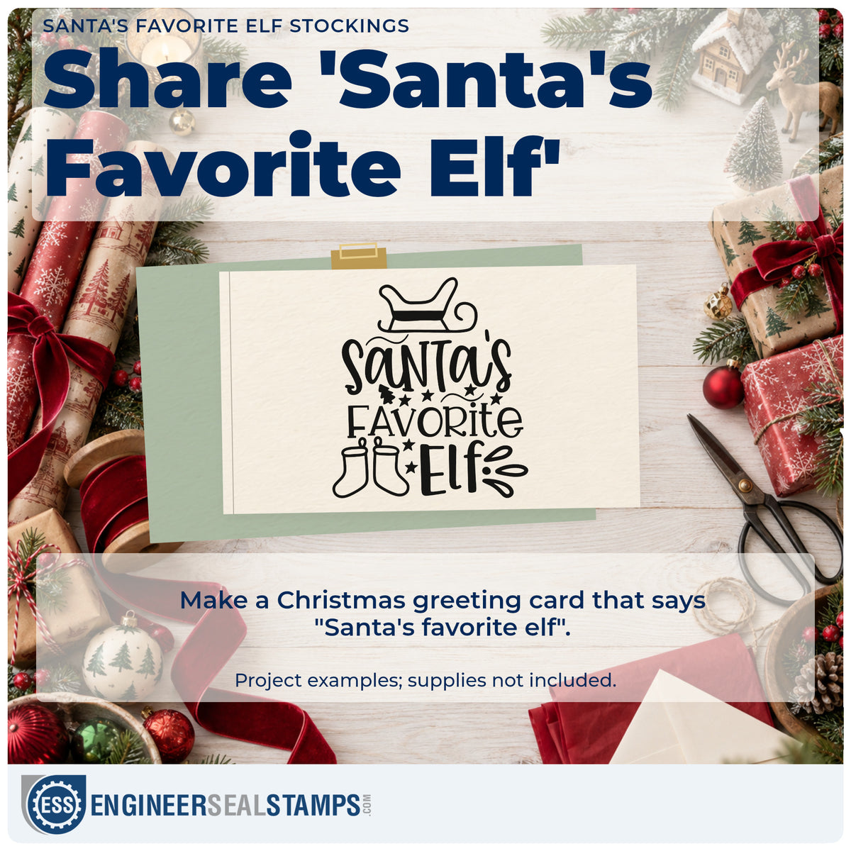 A finished handmade project stamped with the Santa's Favorite Elf Stockings Sleigh Slim Pre-Inked Stamp, ideal for mantel duo album.