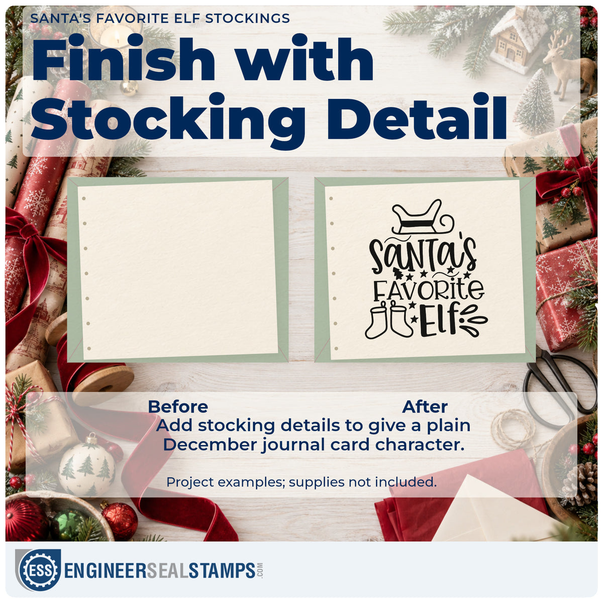 Before and after of a plain item finished with the Santa's Favorite Elf Stockings Sleigh Self-Inking Stamp, a quick upgrade for framed hook span.