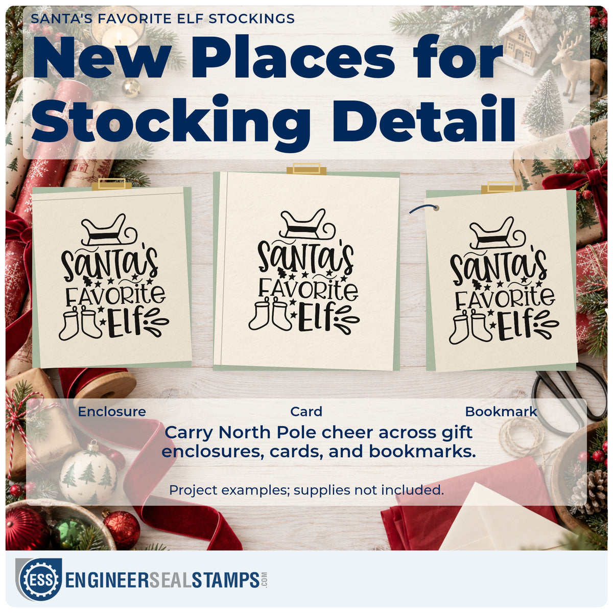 Three project examples made with the Santa's Favorite Elf Stockings Sleigh Self-Inking Stamp, including filler split sheet.