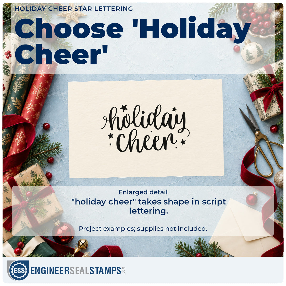 Enlarged detail of the Holiday Cheer Star Lettering Hand Stamp – Duo imprint. The words "holiday cheer" appear in looping script surrounded by small stars.