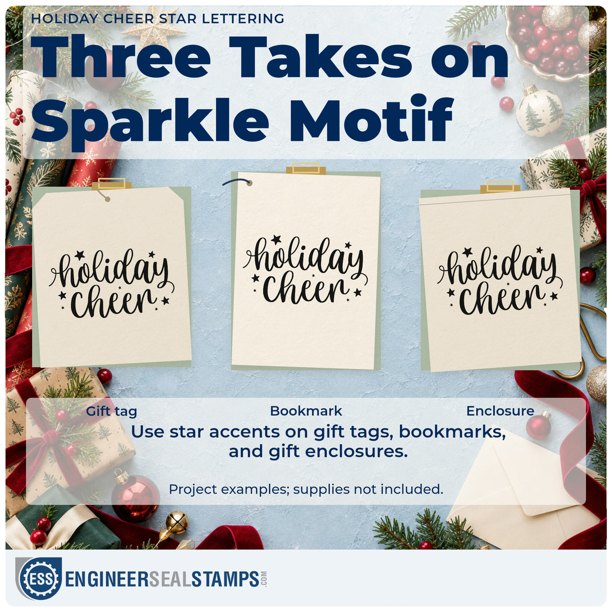 Three project examples made with the Holiday Cheer Star Lettering Hand Stamp – Duo, including note card header.