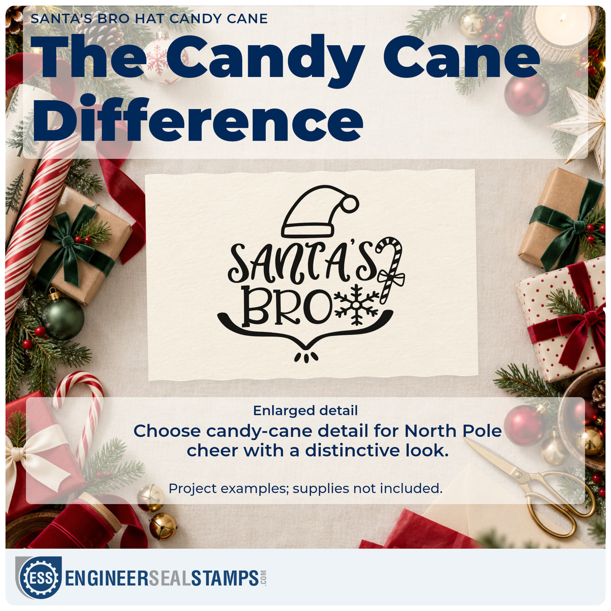 Enlarged detail of the Santa's Bro Hat Candy Cane Snowflakes Wood Handle Stamp imprint. The words "Santa's bro" appear with a Santa hat, candy cane, snowflake, and curved underline.