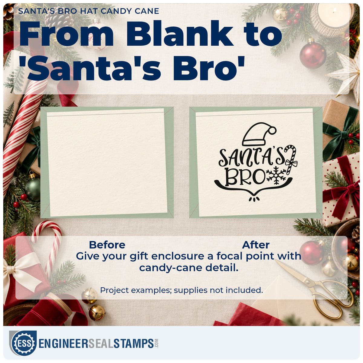 Before and after of a plain item finished with the Santa's Bro Hat Candy Cane Snowflakes Pre-Inked Stamp – PSI, a quick upgrade for framed garage shelf.