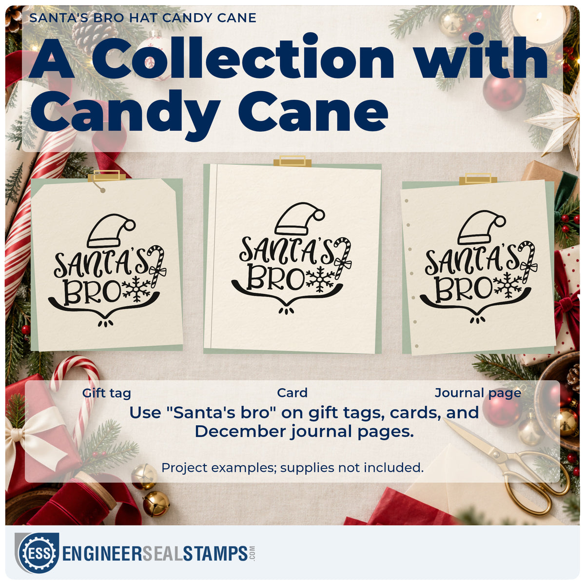 Three project examples made with the Santa's Bro Hat Candy Cane Snowflakes Pre-Inked Stamp – PSI, including trade list sheet.