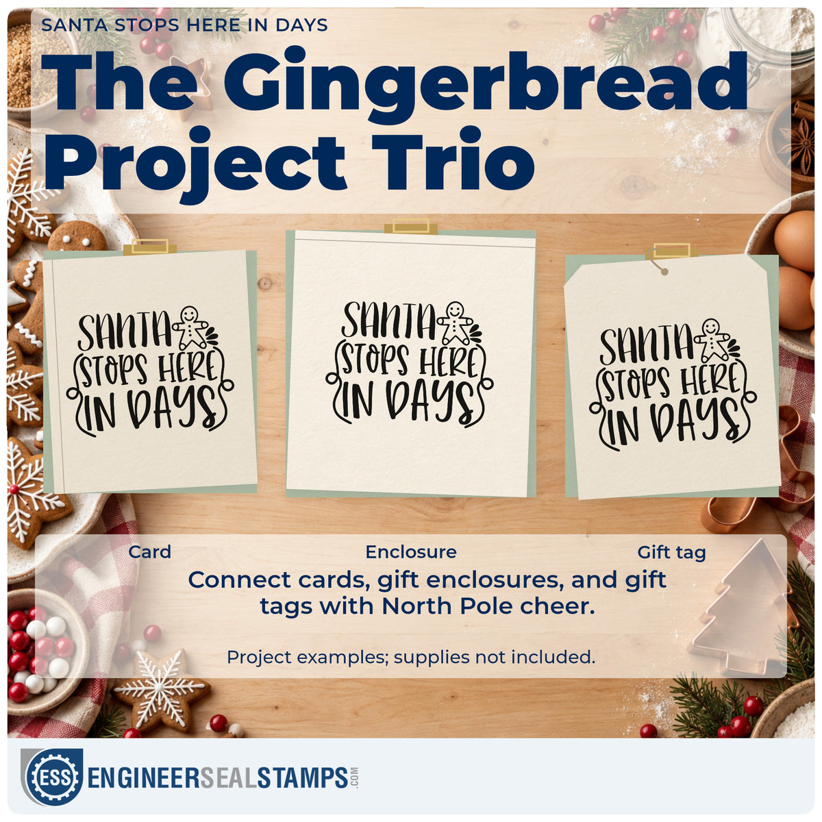 Three project examples made with the Santa Stops Here In Days Rubber Stamp – Wood Handle, including remaining days sheet.