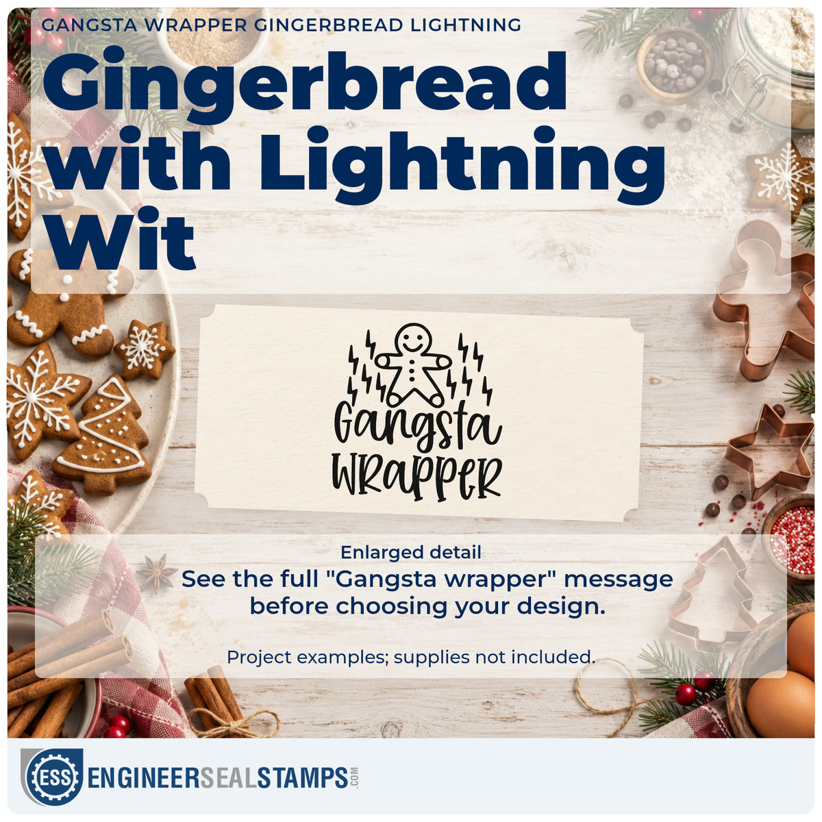 Enlarged detail of the Gangsta Wrapper Gingerbread Lightning Wood Handle Stamp imprint. A gingerbread figure surrounded by lightning bolts sits above "Gangsta wrapper."