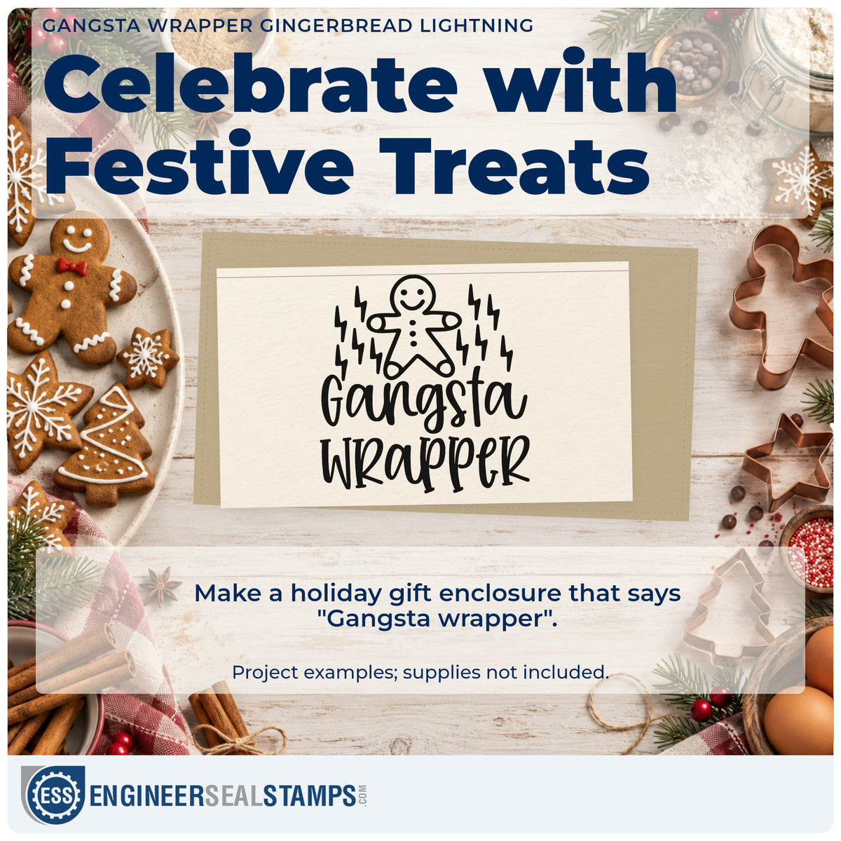 A finished handmade project stamped with the Gangsta Wrapper Gingerbread Lightning Premium Wood-Mounted Stamp – Vintage Pro, ideal for speed wrap album.