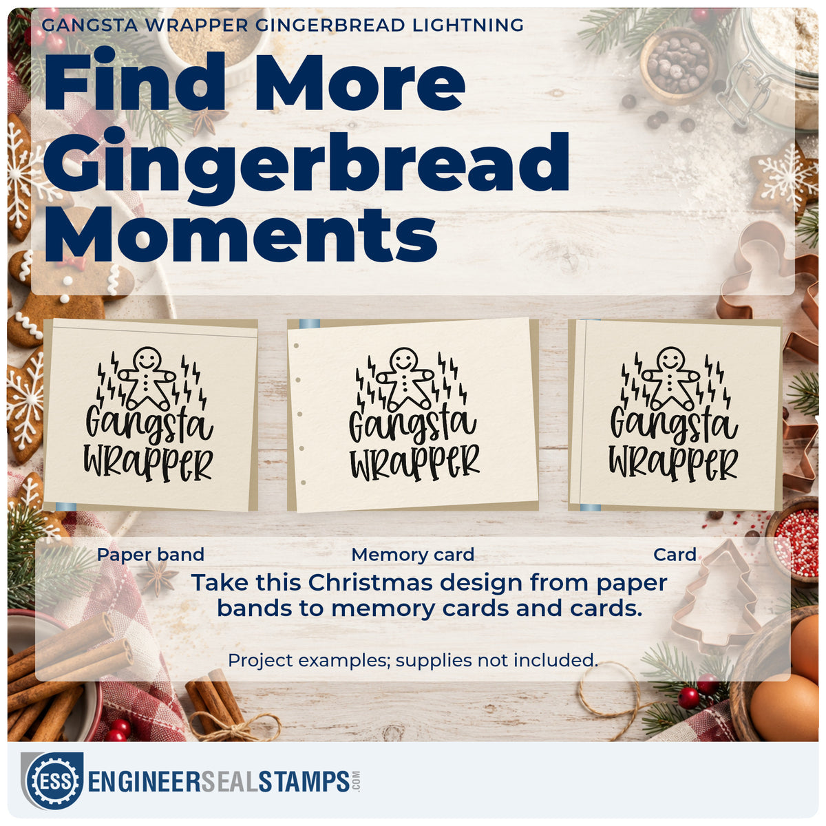 Three project examples made with the Gangsta Wrapper Gingerbread Lightning Duo Hand Stamp, including timed round sheet.