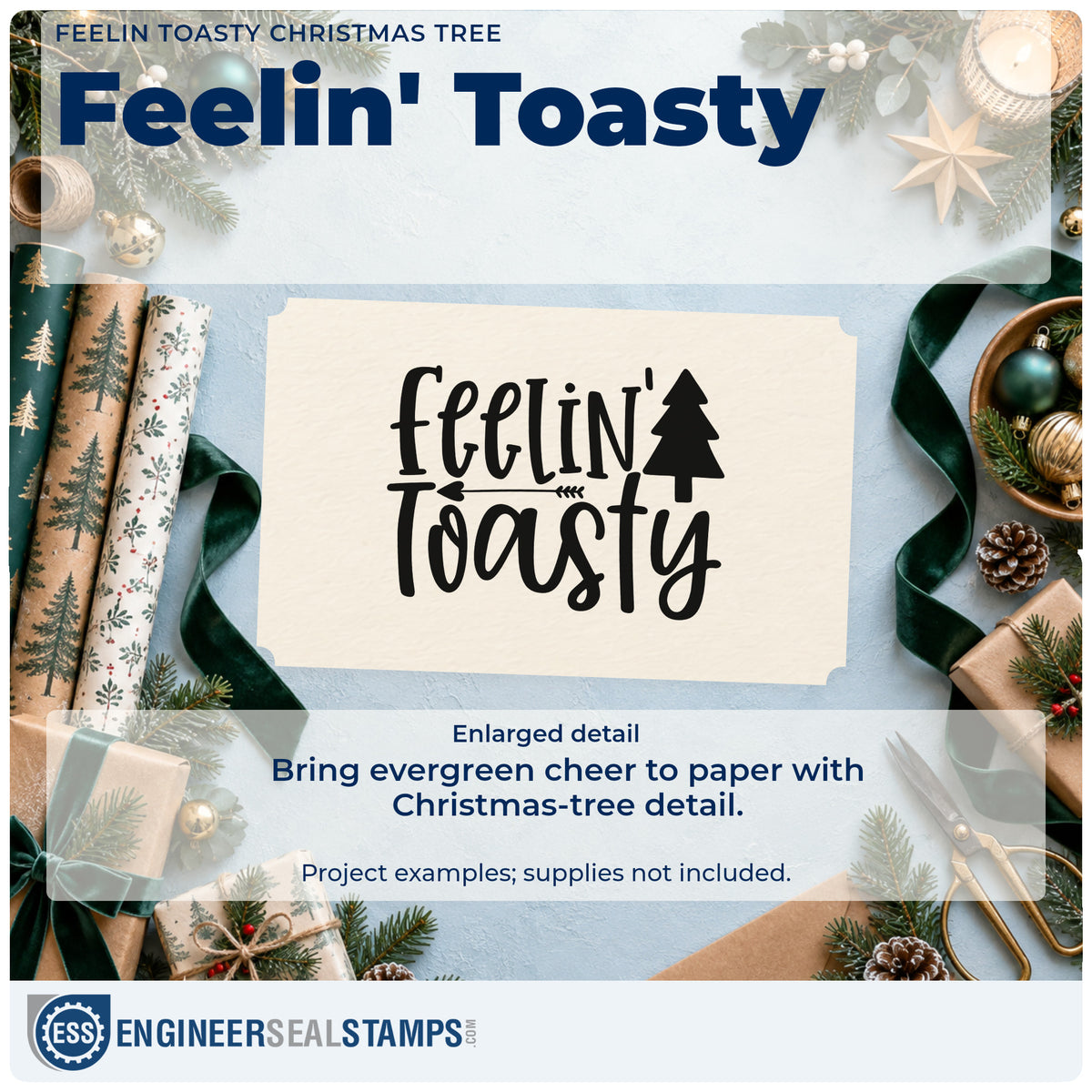 Enlarged detail of the Feelin Toasty Christmas Tree Arrow Stamp – Premium Vintage Pro Wooden imprint. The words "Feelin' toasty" appear with a solid Christmas tree and small arrow divider.