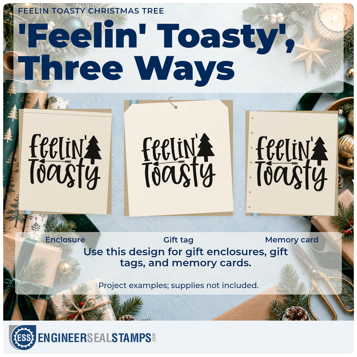 Three project examples made with the Feelin Toasty Christmas Tree Arrow Pre-Inked Stamp – PSI, including firewood log sheet.