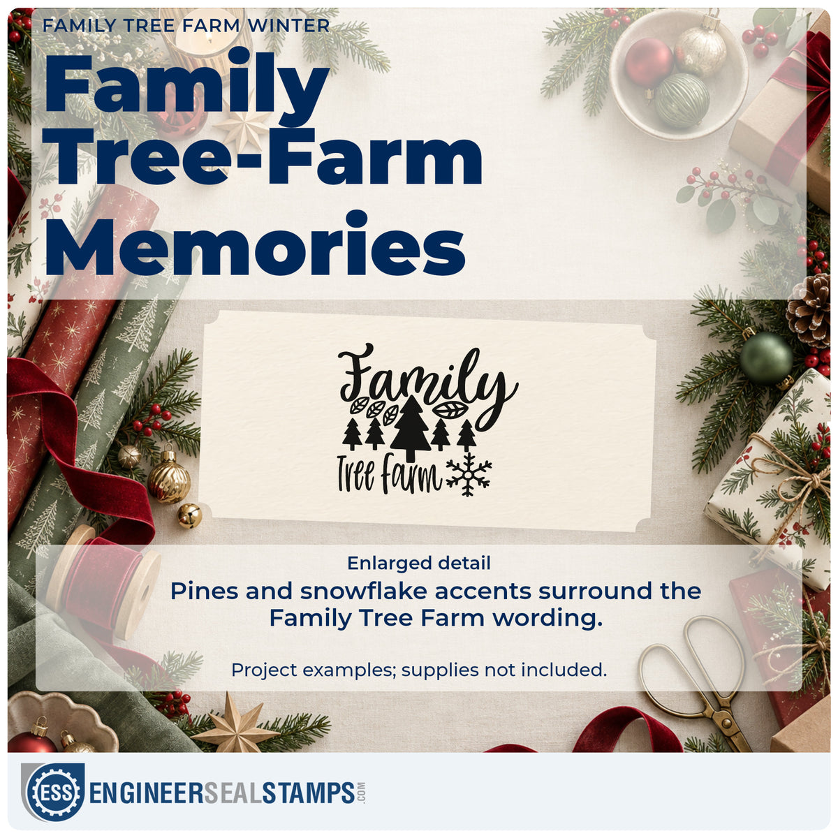 Enlarged detail of the Family Tree Farm Winter Pre-Inked Stamp – Slim imprint. The words "Family tree farm" surround a row of pine trees with snowflake and patterned leaf accents.