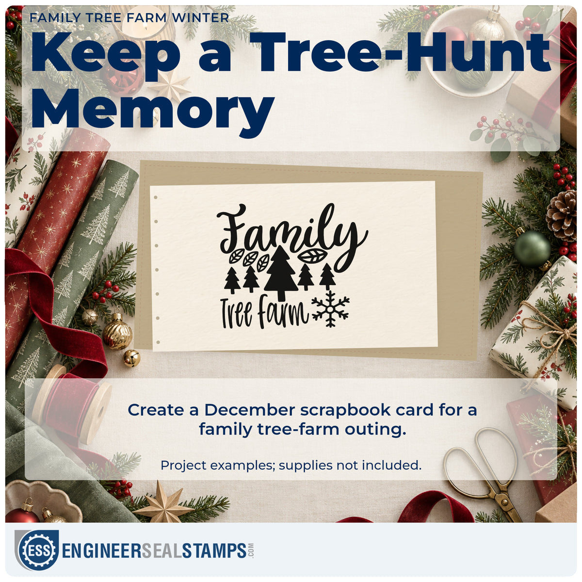 A finished handmade project stamped with the Family Tree Farm Winter PSI Pre-Inked Stamp, ideal for generations album page.
