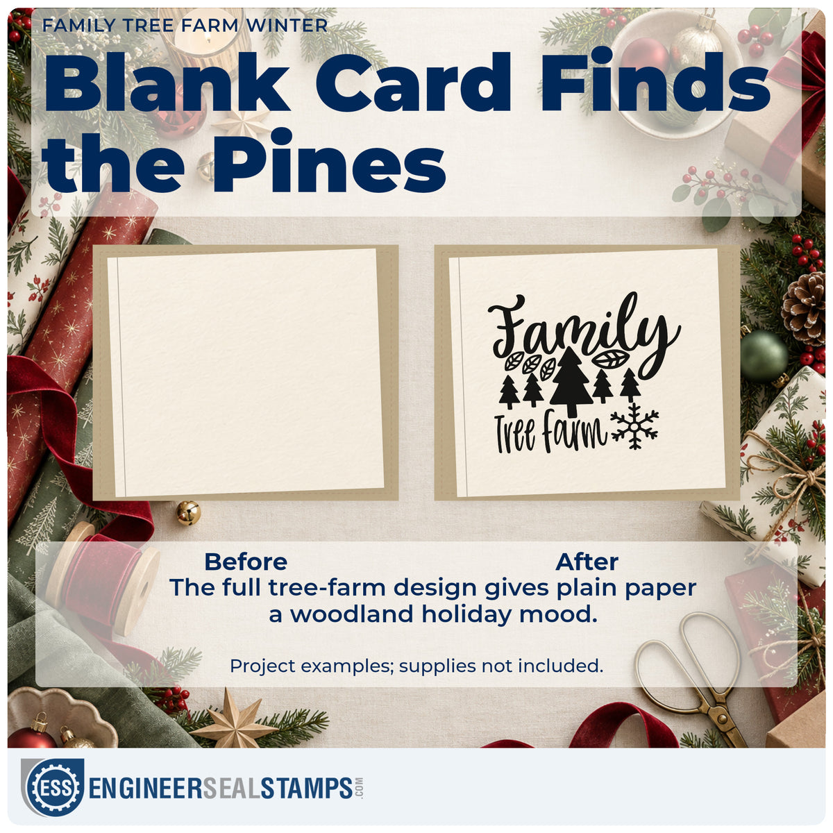 Before and after of a plain item finished with the Family Tree Farm Winter Hand Stamp – Duo, a quick upgrade for framed farm office.