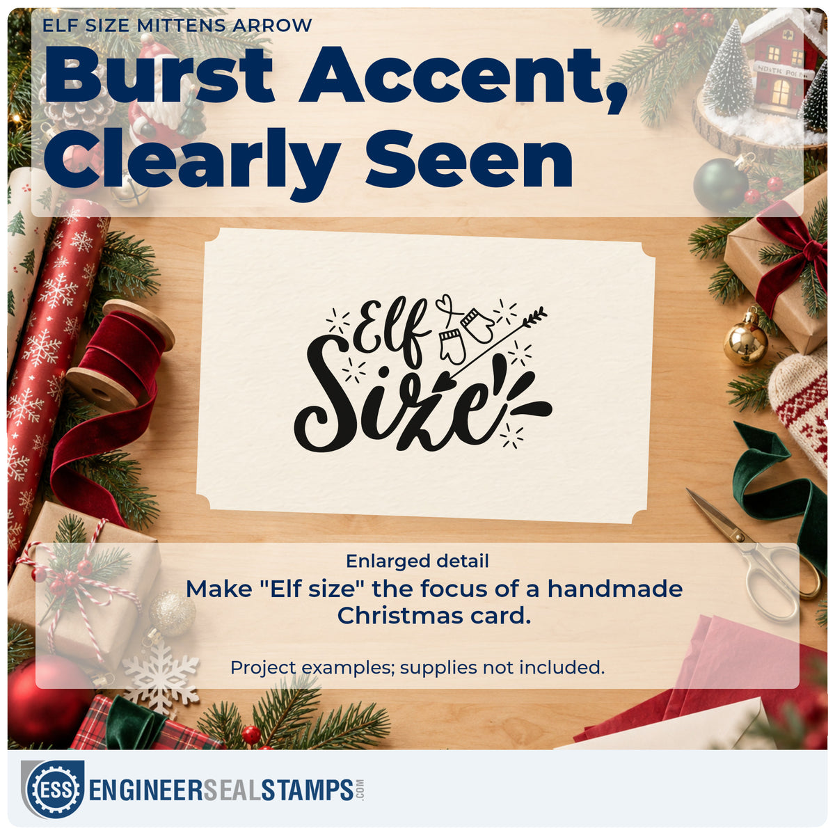 Enlarged detail of the Elf Size Mittens Arrow Lettering Slim Pre-Inked Stamp imprint. The words "Elf size" appear with mittens, an arrow, and small decorative bursts.