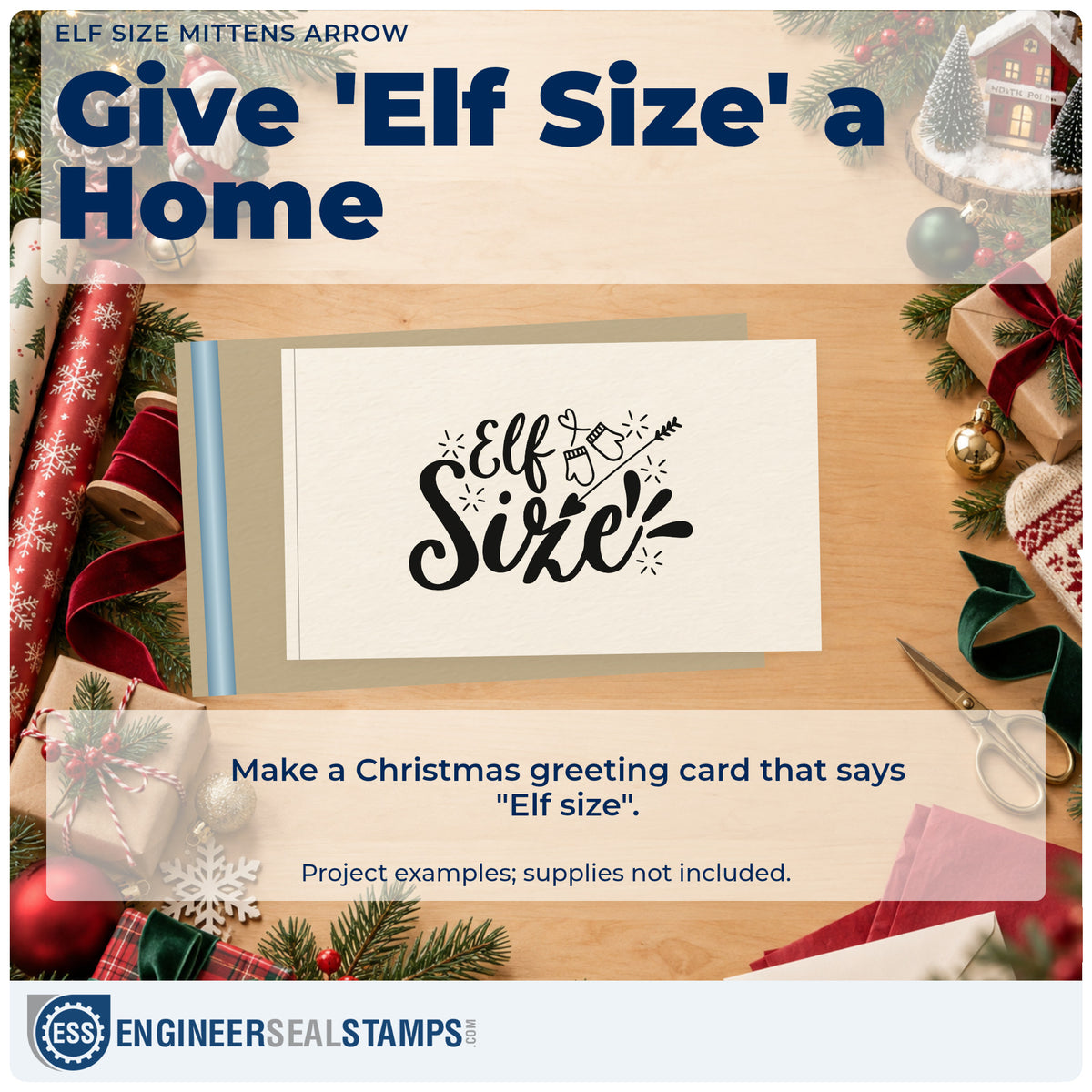 A finished handmade project stamped with the Self-Inking Elf Size Mittens Arrow Lettering Stamp, ideal for burst cards.