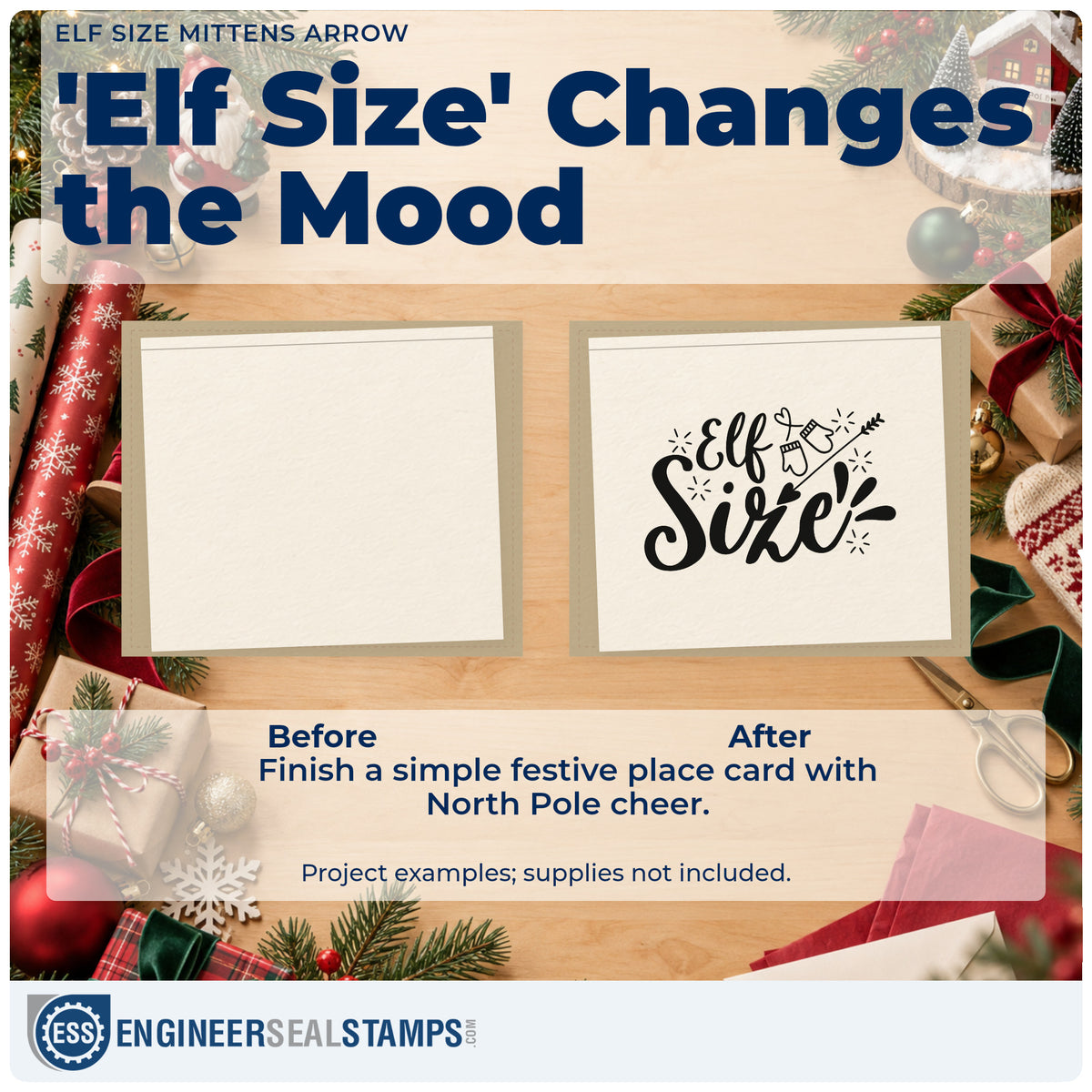 Before and after of a plain item finished with the Elf Size Mittens Arrow Lettering Pre-Inked Stamp – PSI, a quick upgrade for mitten cuff printing.