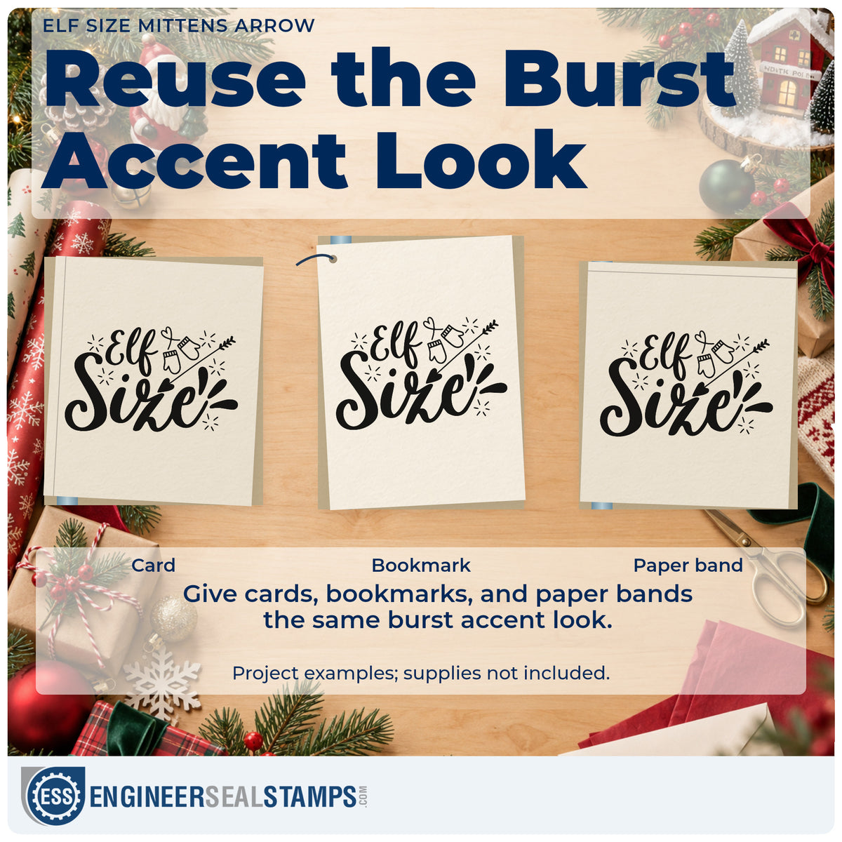 Three project examples made with the Elf Size Mittens Arrow Lettering Rubber Stamp – Wood Handle, including tiny size gift tags.
