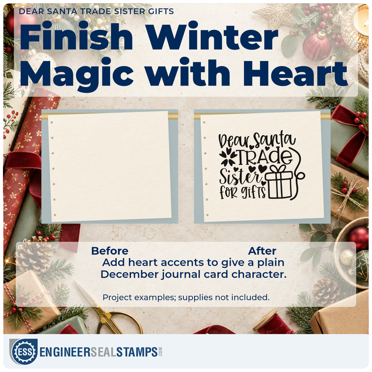 Before and after of a plain item finished with the Dear Santa Trade Sister For Gifts Rubber Stamp – Duo Hand, a quick upgrade for framed shared room.