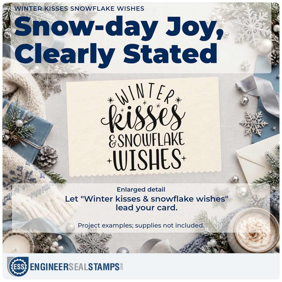 Enlarged detail of the Winter Kisses Snowflake Wishes Slim Pre-Inked Stamp imprint. The words "Winter kisses & snowflake wishes" appear in mixed lettering with small starbursts.