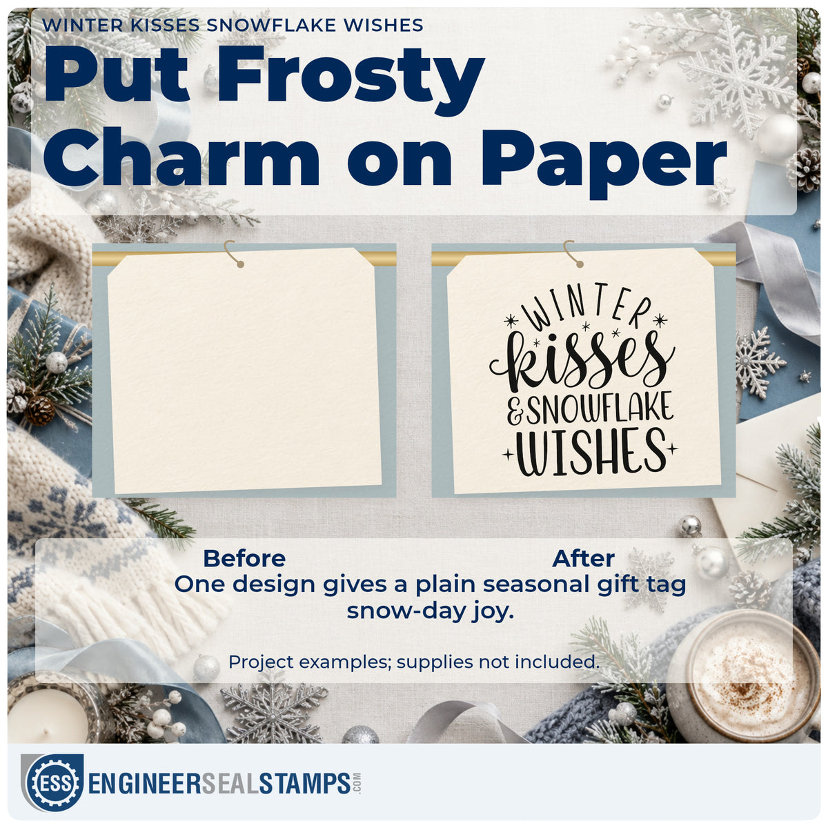 Before and after of a plain item finished with the Winter Kisses Snowflake Wishes Slim Pre-Inked Stamp, a quick upgrade for framed dresser pair.