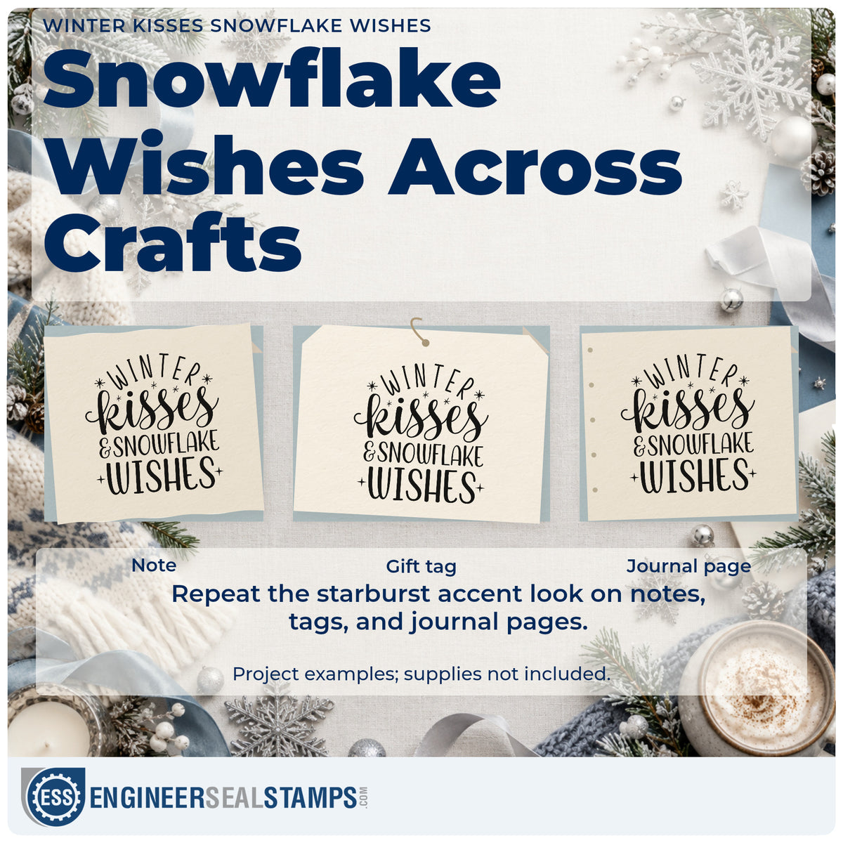 Three project examples made with the Premium Wooden Winter Kisses Snowflake Wishes Stamp – Vintage Pro, including love note sheet.