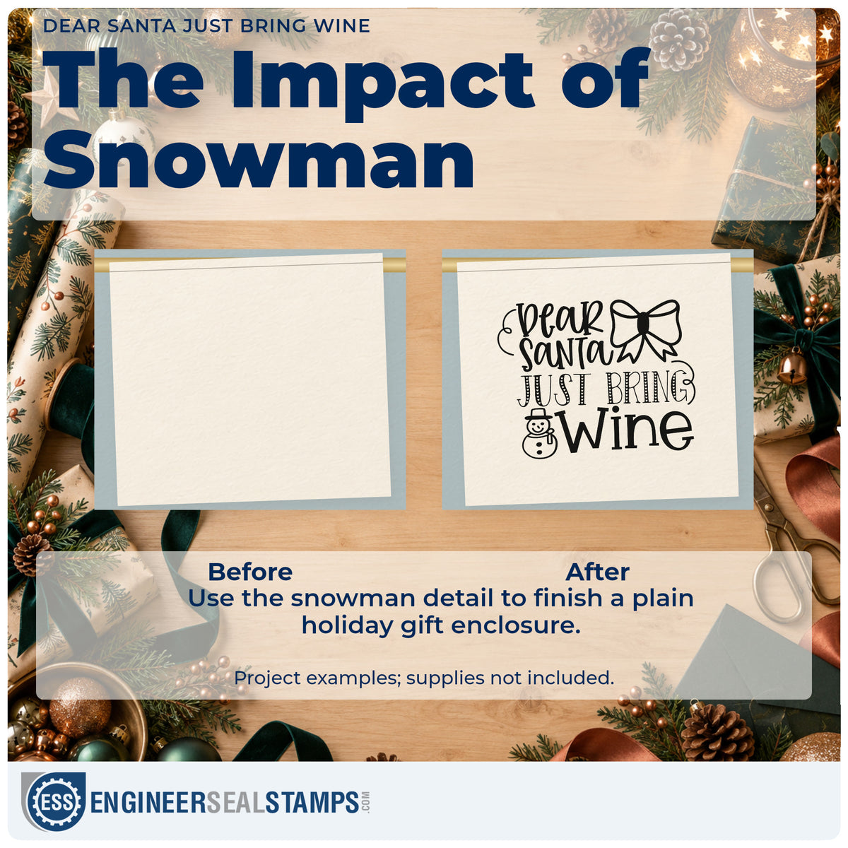 Before and after of a plain item finished with the Dear Santa Just Bring Wine Hand Stamp – Duo, a quick upgrade for tote divider printing.