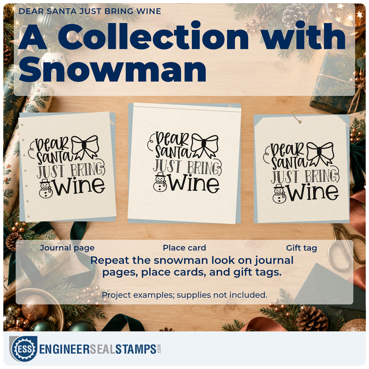 Three project examples made with the Dear Santa Just Bring Wine Hand Stamp – Duo, including bottle bow tags.