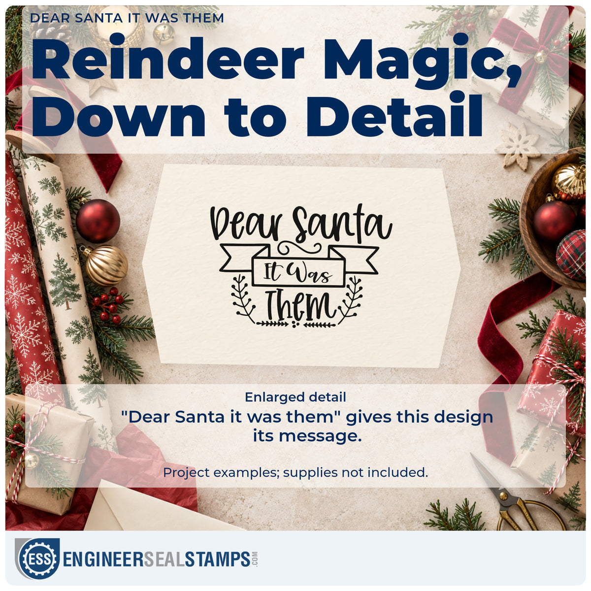 Enlarged detail of the Dear Santa It Was Them Botanical Sprig Rubber Stamp – Duo Hand imprint. The phrase "Dear Santa it was them" includes a ribbon banner and leafy sprigs.