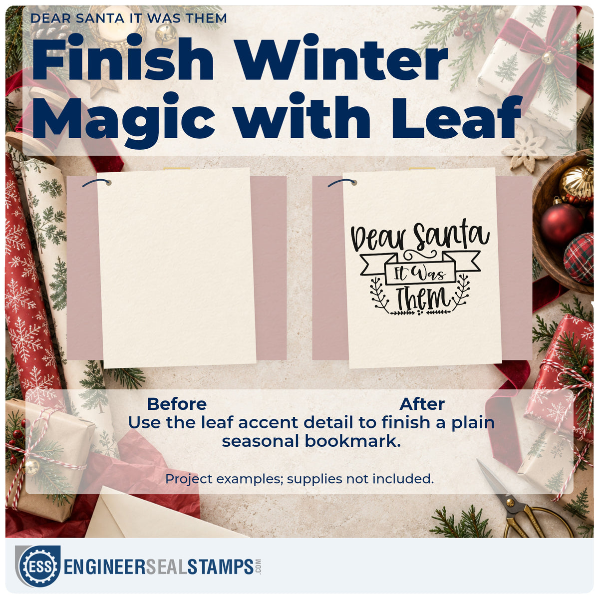 Before and after of a plain item finished with the Dear Santa It Was Them Botanical Sprig Stamp – Wood Handle, a quick upgrade for framed break wall.
